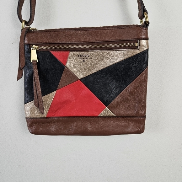 Fossil Fiona Crossbody Brown Black Red Gold Leather Crossbody - Picture 1 of 14